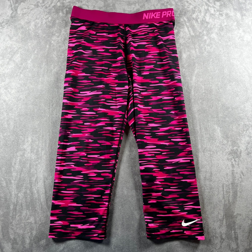 Nike Pro Womens Pink Camo Dri-FIT Cropped Leggings Training Tights L